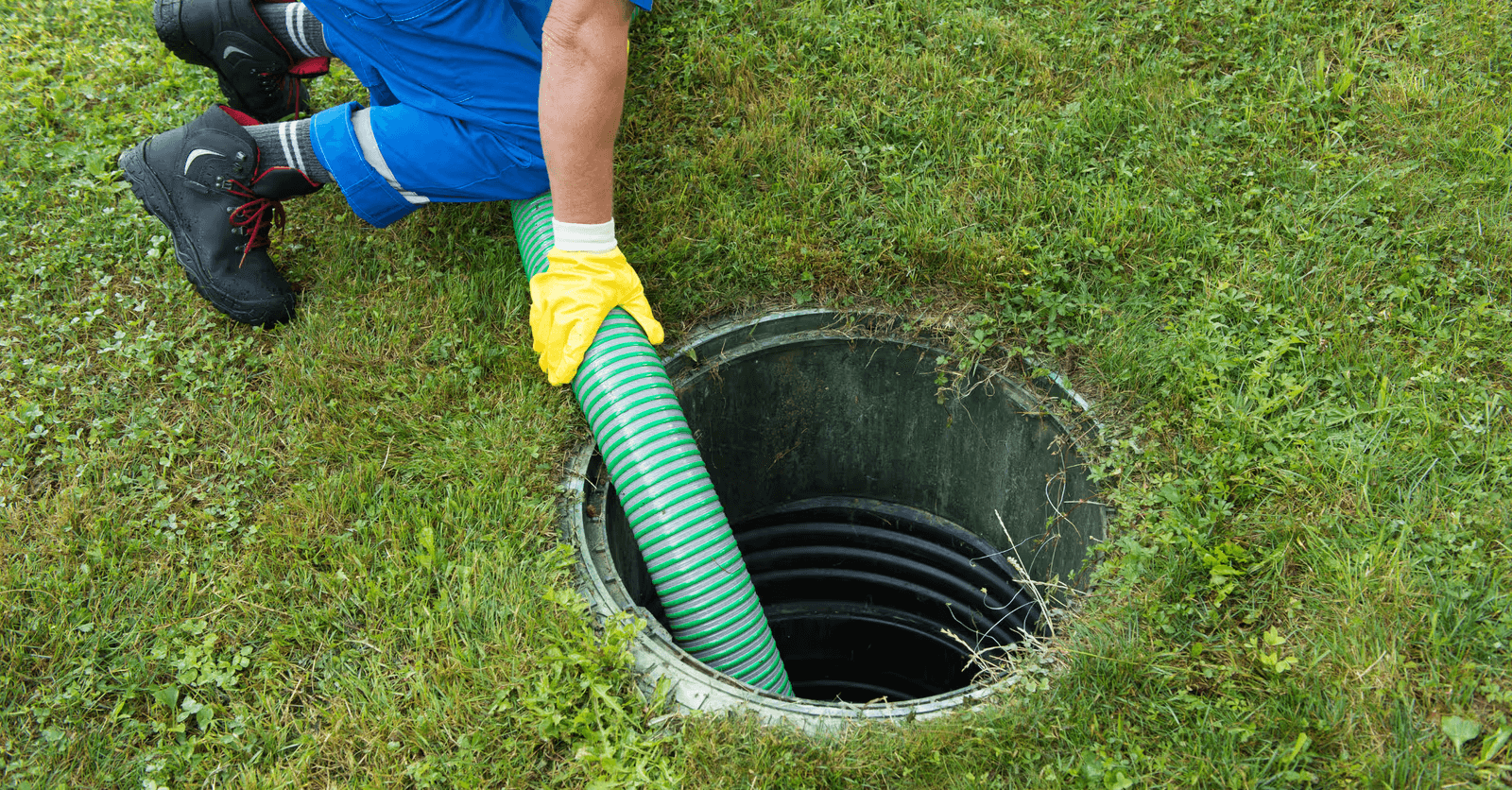 Worker inserting a flexible hose into an underground septic tank access opening in a grassy yard for septic system maintenance or pumping.