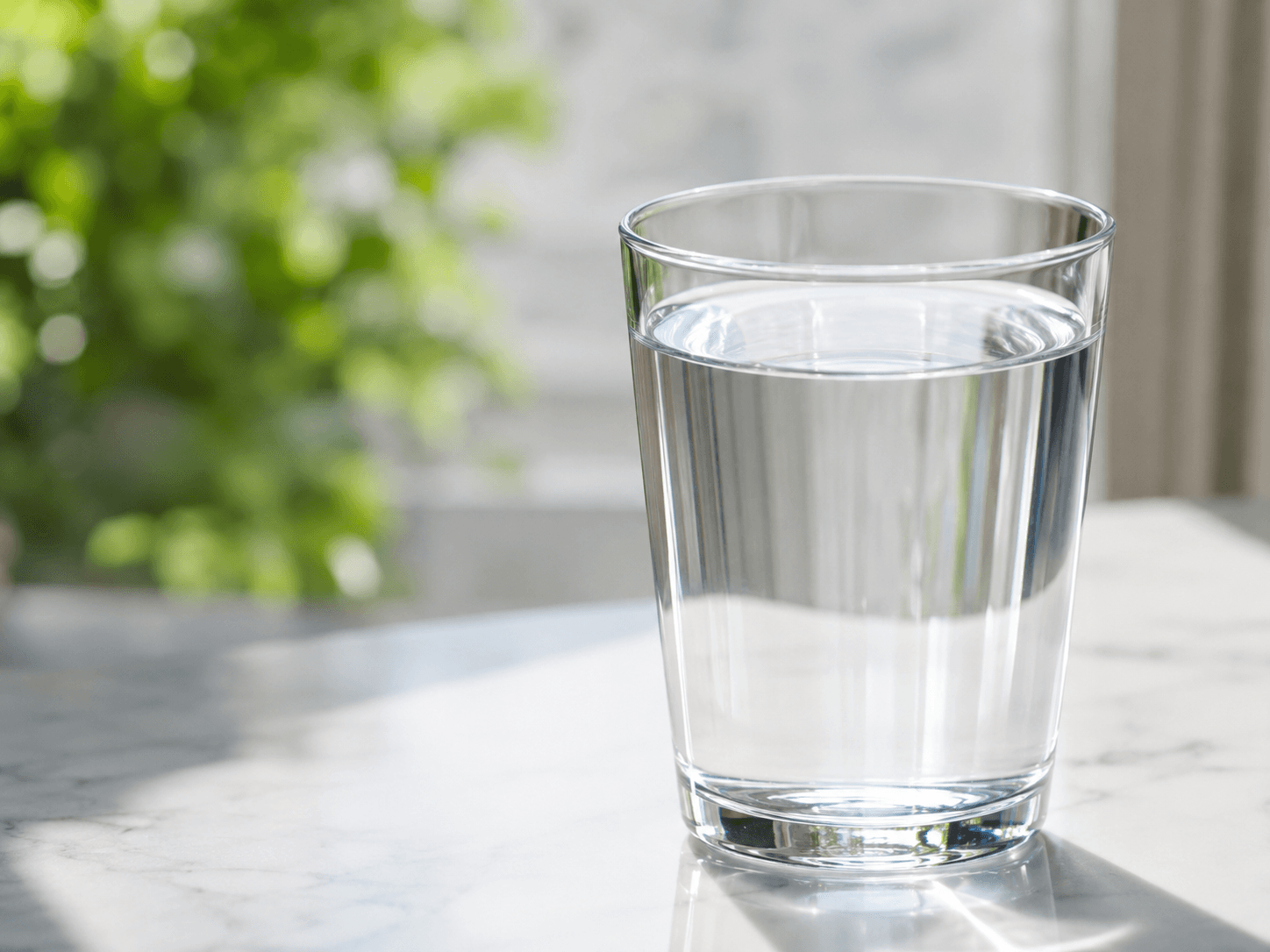 Glass of clear water on a bright countertop, illustrating drinking water and household water quality.