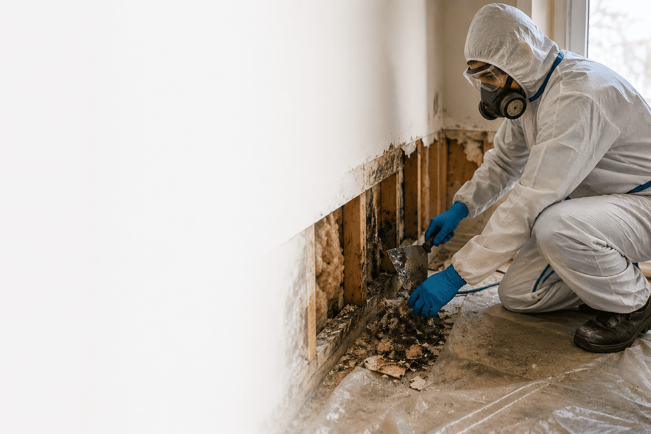 Worker in protective coveralls removing mold-contaminated materials from the base of a damaged interior wall.