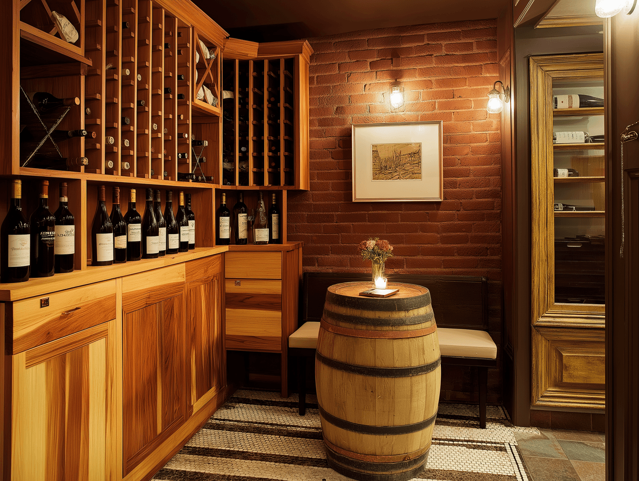 Custom wine cellar with wooden storage, exposed brick wall, decorative barrel and warm inviting atmosphere