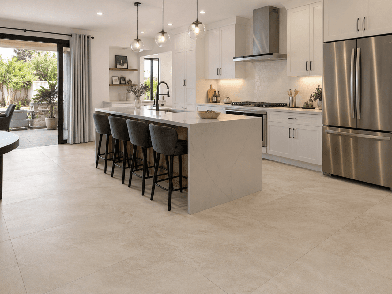Modern kitchen with large-format porcelain tile flooring, bright finishes, a central island, and elegant contemporary details.