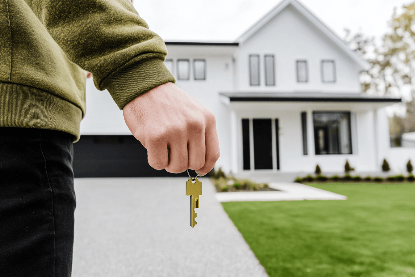 Person holding a key in front of a modern white house with a black garage and paved driveway.