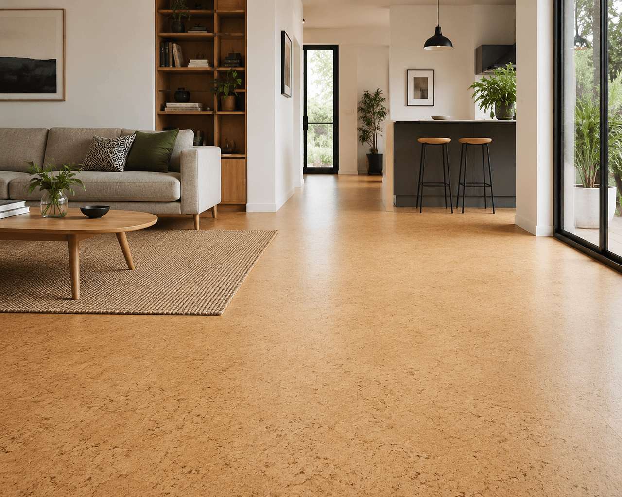 Open-concept living room and kitchen with natural cork flooring in a bright modern interior