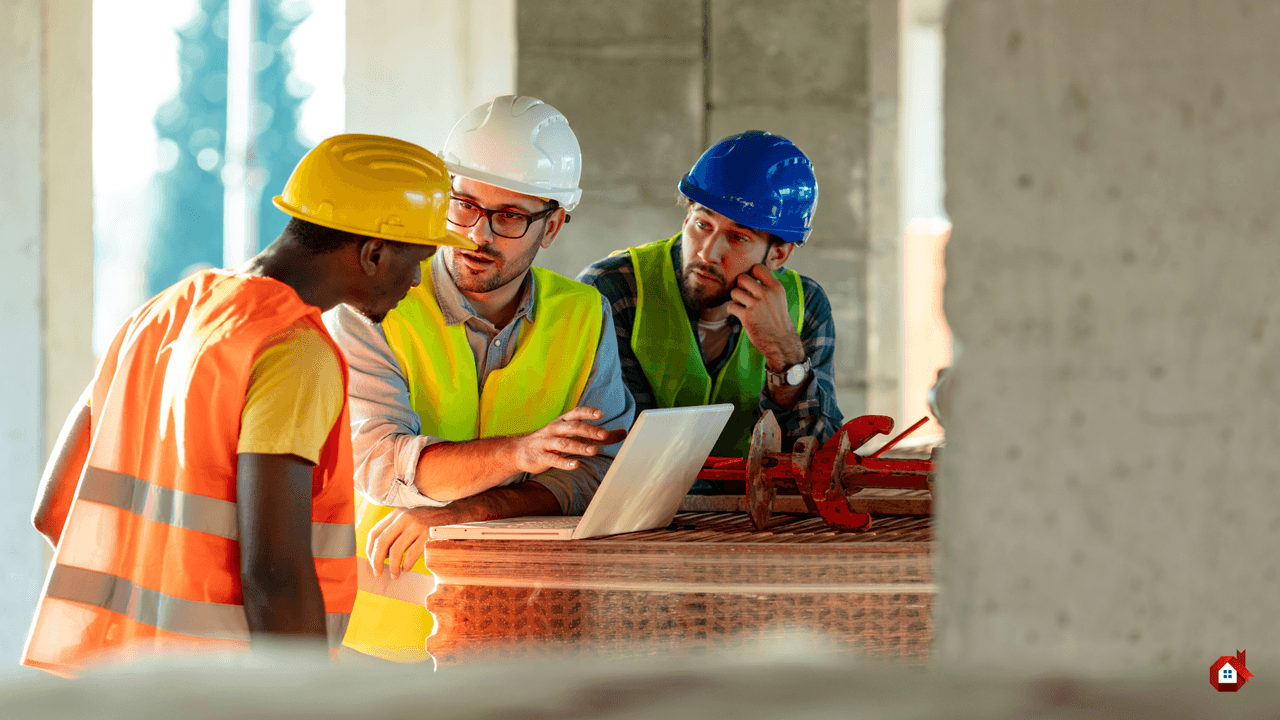 Three construction workers wearing hard hats and high-visibility vests discussing information on a laptop at a job site