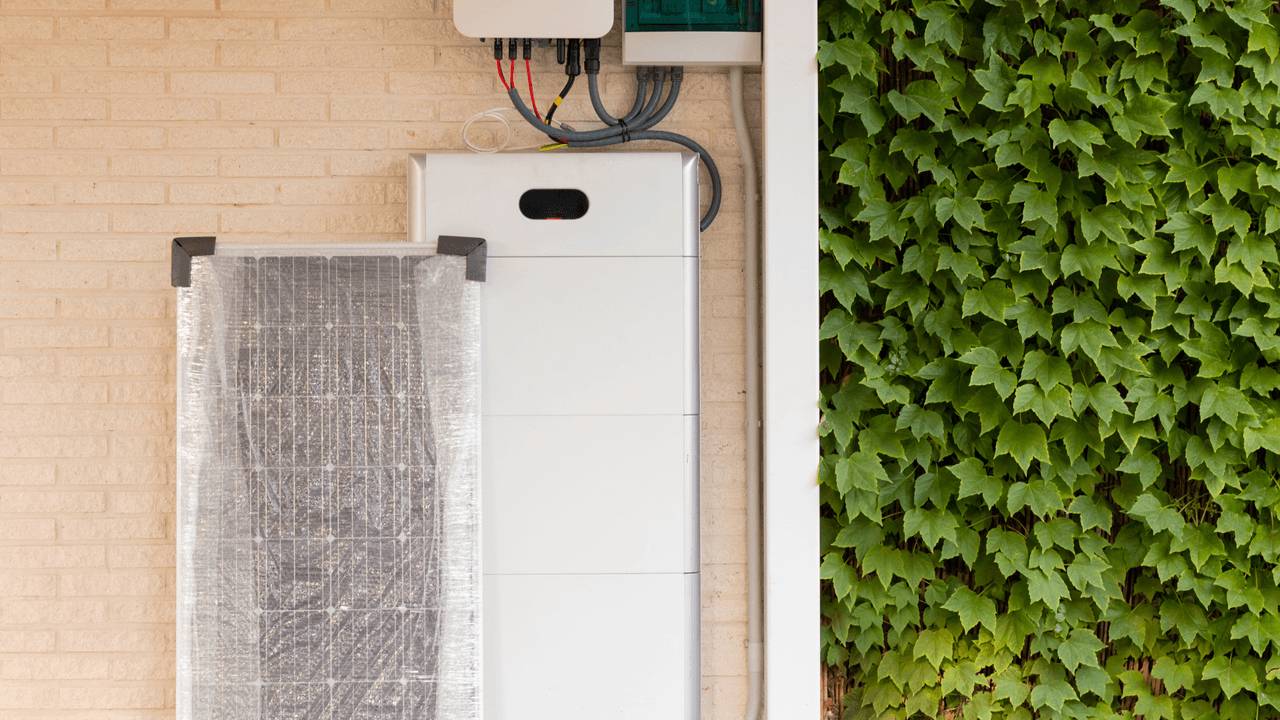 Wall-mounted white home battery system and solar panel installed on a light brick wall next to a lush green climbing ivy hedge