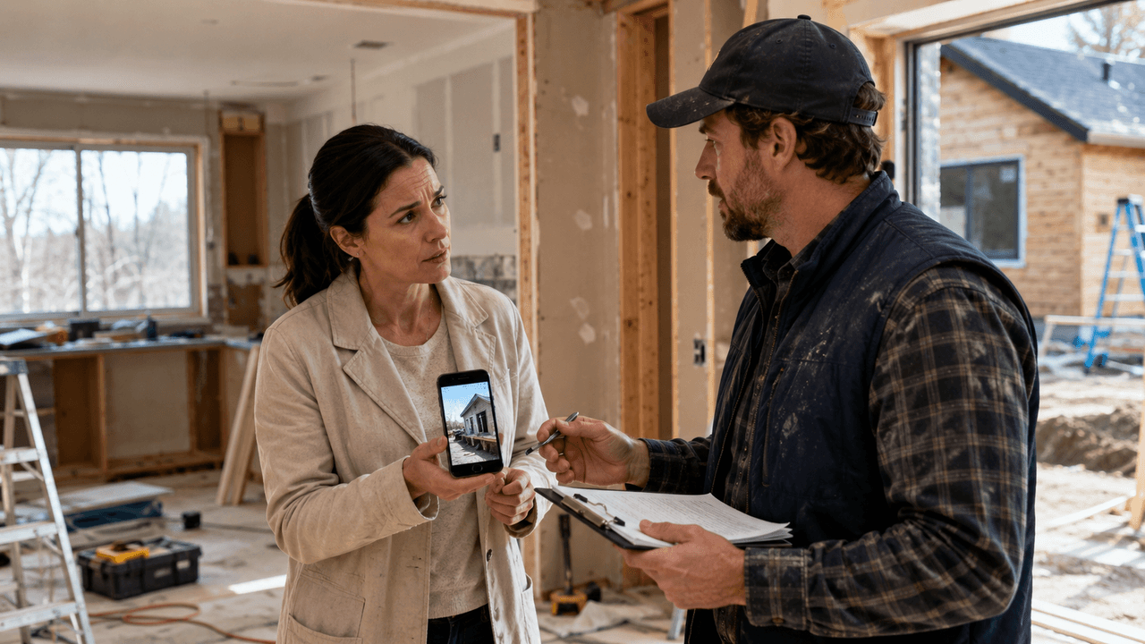 Homeowner discussing a renovation project with a contractor inside a house under construction while showing a photo on a phone and reviewing job site documents