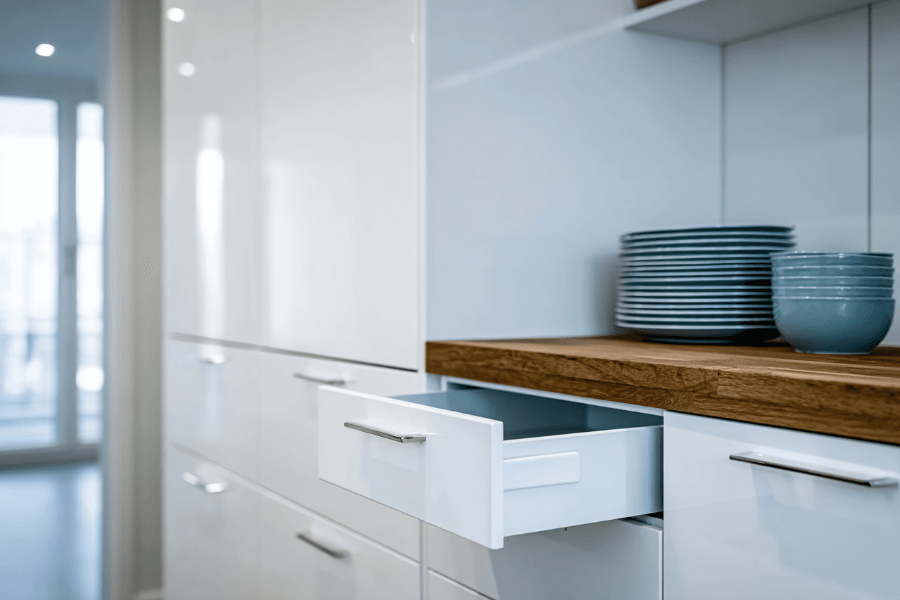 Modern white kitchen drawer slightly open with metal handles and natural wood countertop. Minimalist kitchen with built-in storage and stacked dishes on the counter in a bright residential space.