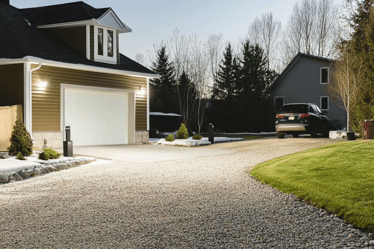 Residential gravel driveway with white garage door, beige exterior siding, wall lighting, maintained lawn and landscaping with trees
