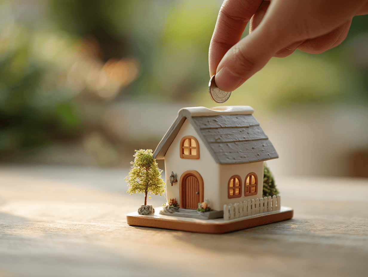 Hand inserting a coin into a miniature house piggy bank symbolizing home savings and real estate investment