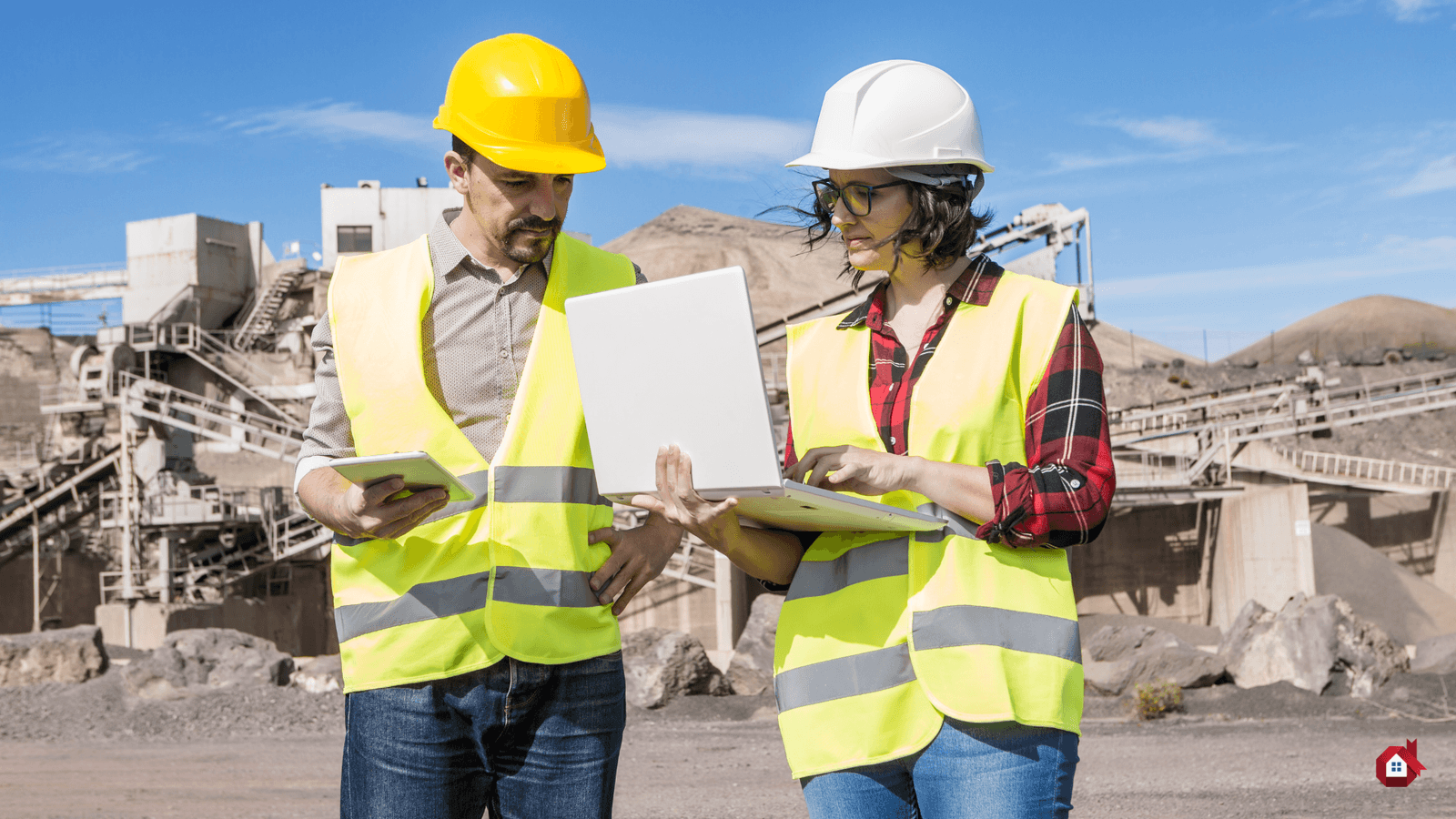 contruction worker on site with a laptop 