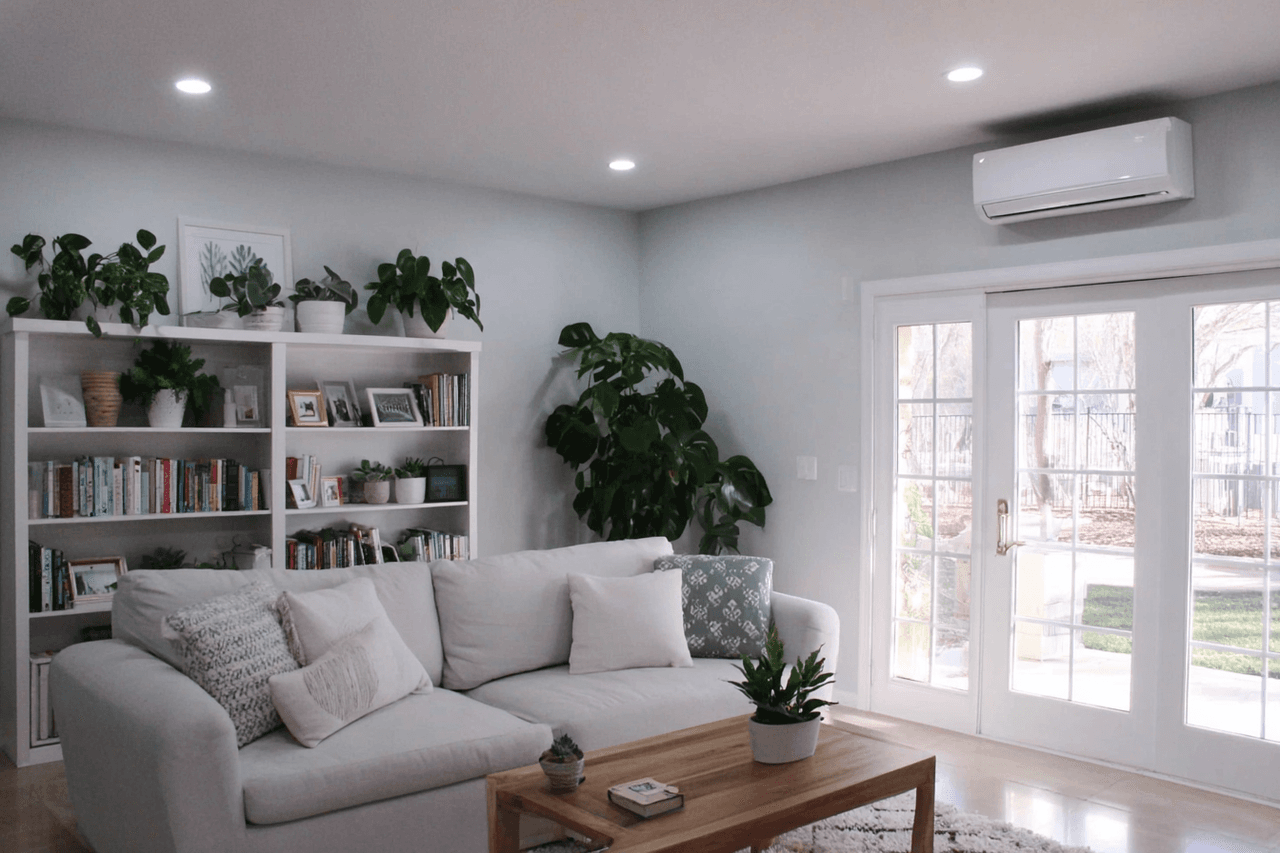 Bright living room with a white wall-mounted heat pump installed above patio doors, a light sofa, plants, and built-in bookshelves.