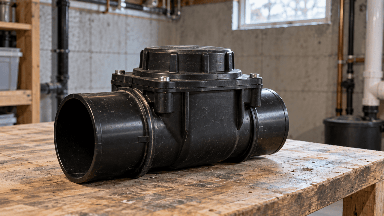 Black PVC residential sewer backwater valve with removable inspection cover displayed on a wooden workbench in a basement, designed to prevent sewage backflow and protect homes from flooding.