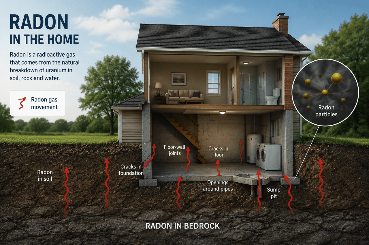Cutaway diagram of a house showing radon entering from the soil and bedrock through foundation cracks, floor-wall joints, pipe openings, and the sump pit.