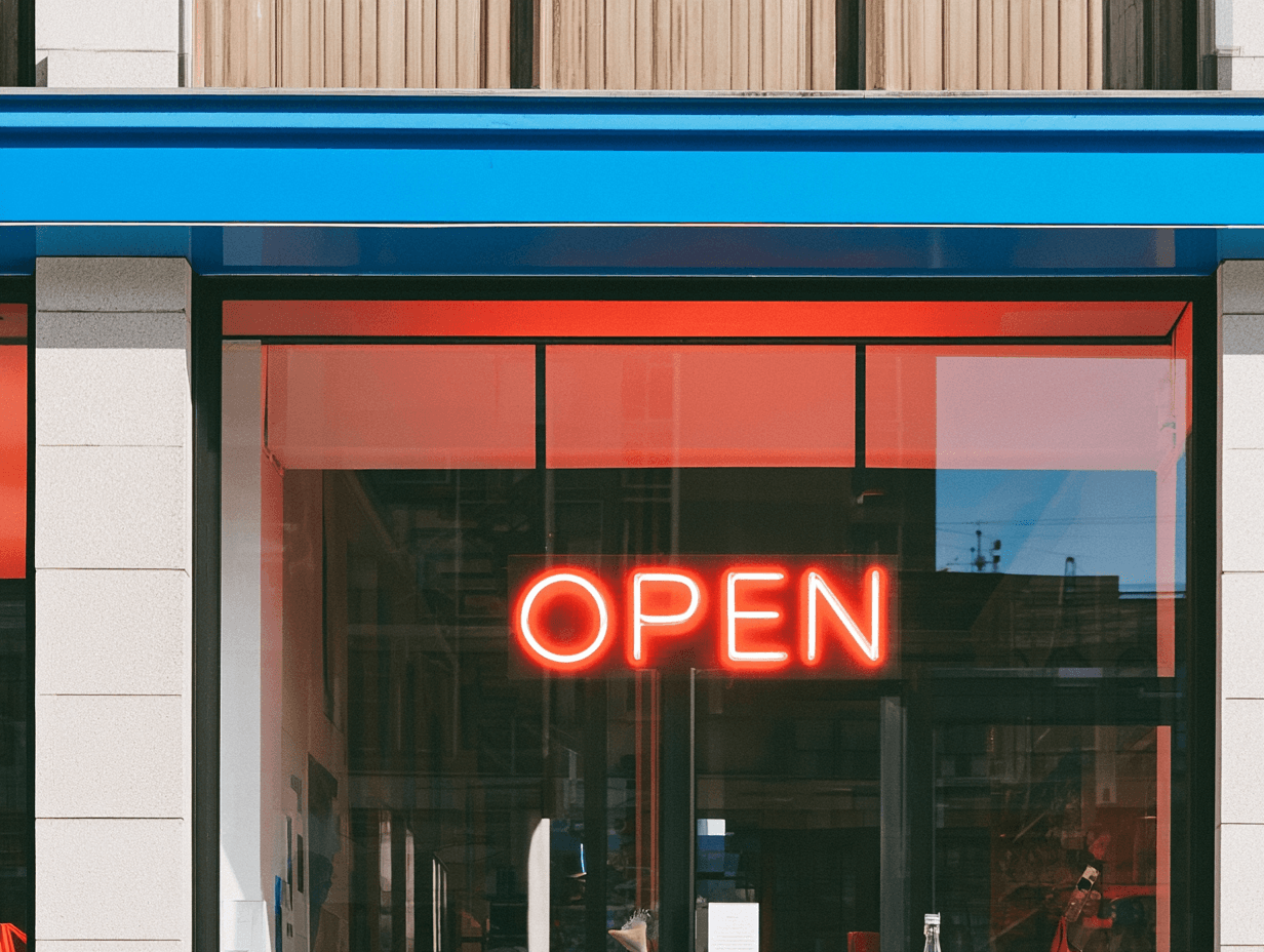 Modern storefront window with red OPEN neon sign, black framing, blue awning and red facade accents