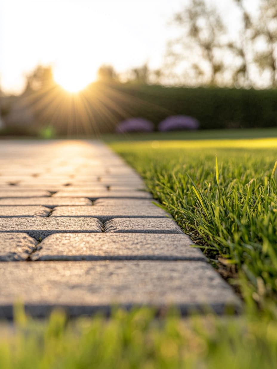 Interlocking stone pathway bordered by freshly cut grass at sunset