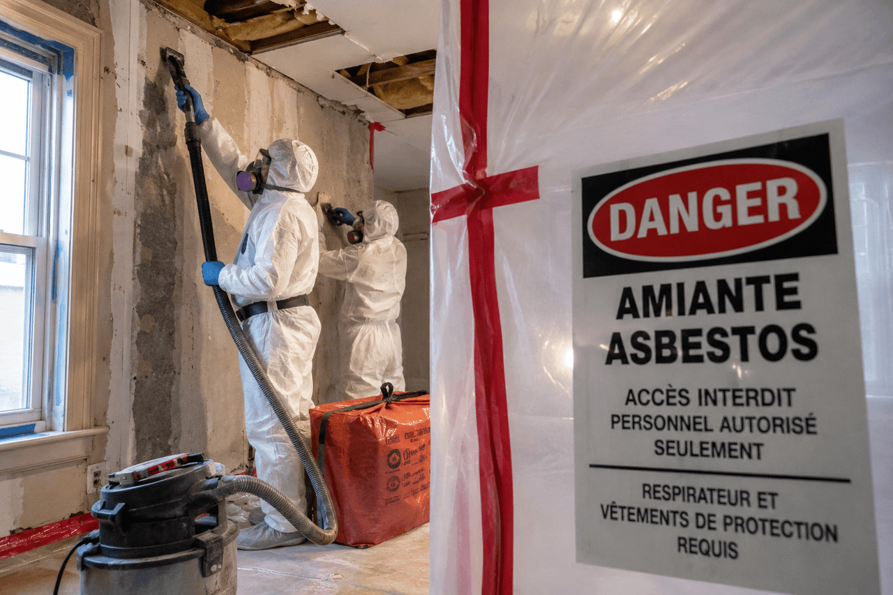 Asbestos abatement work in a sealed room with workers wearing protective suits and respirators, using a vacuum system in a restricted-access area.