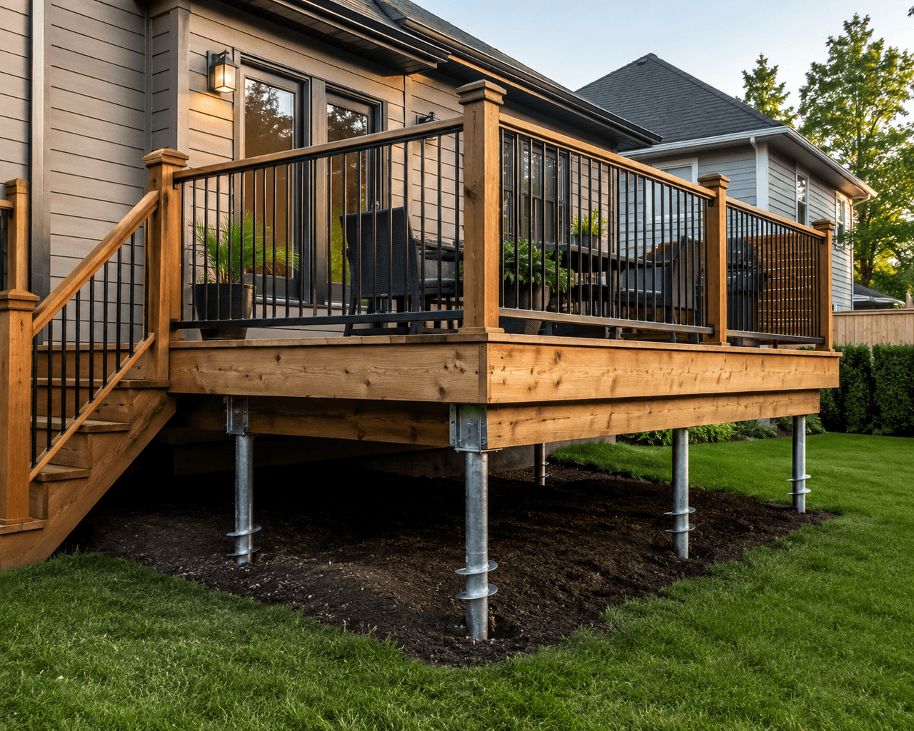 Wood deck on helical screw piles with black aluminum railing, integrated staircase and elevated structure for a residential backyard