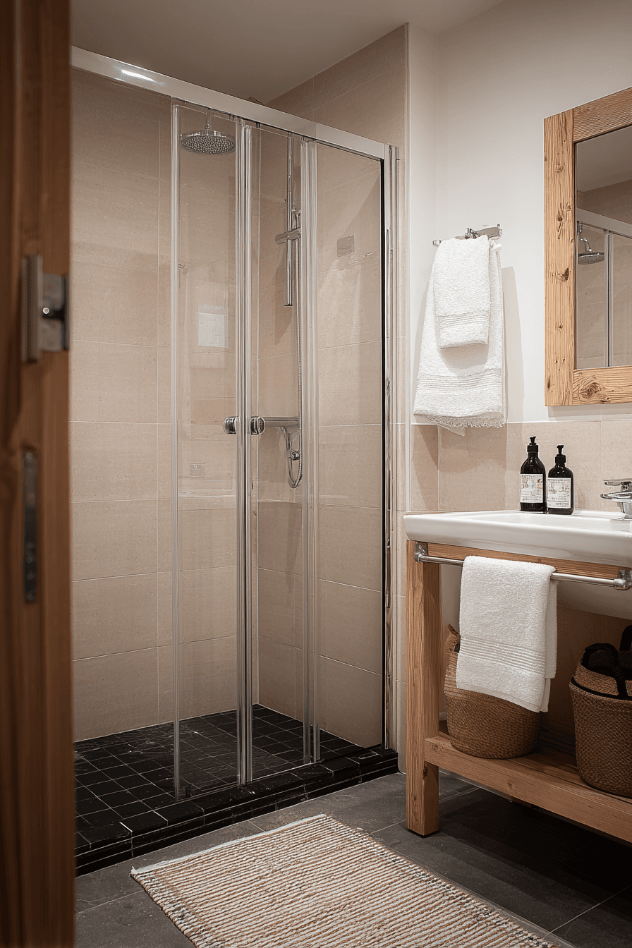 Modern bathroom with glass shower, beige wall tiles, dark floor, white sink, wooden framed mirror and white towels
