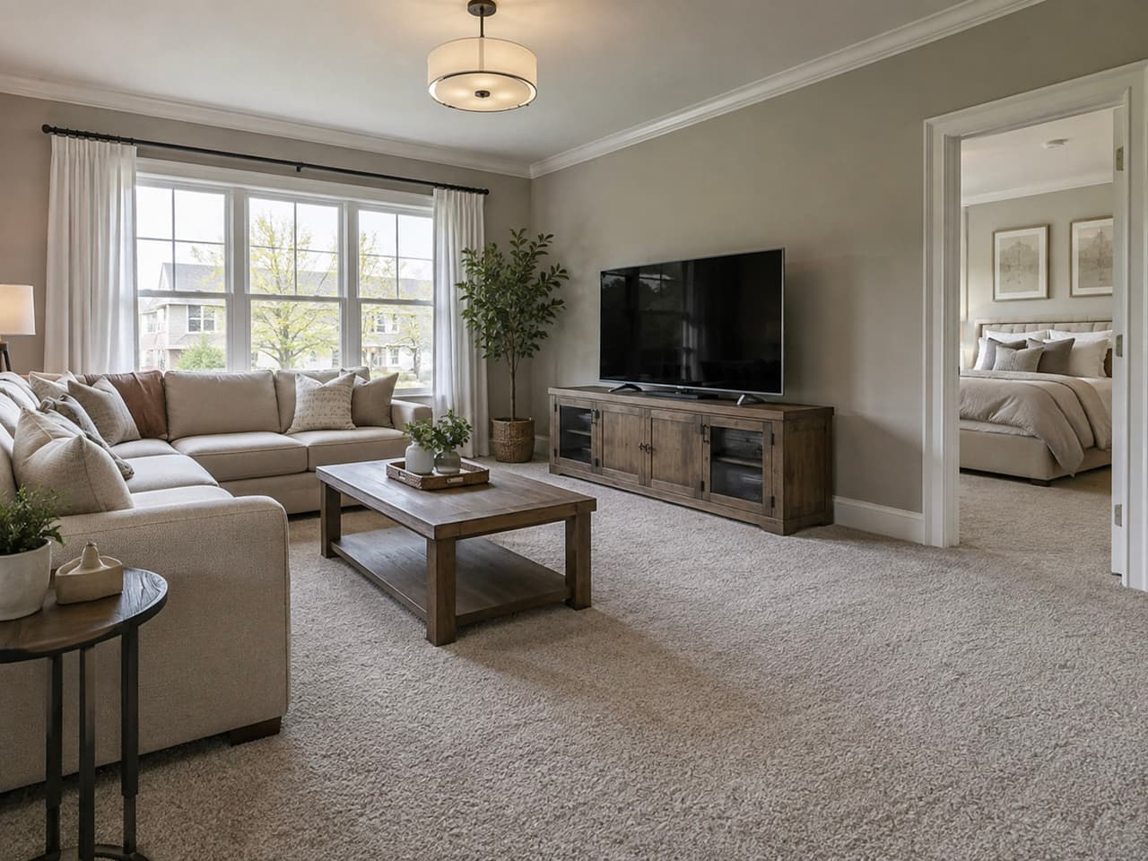 Bright contemporary living room with large beige sectional sofa, wooden TV console, rustic coffee table, light carpet, and large windows overlooking a residential neighborhood.