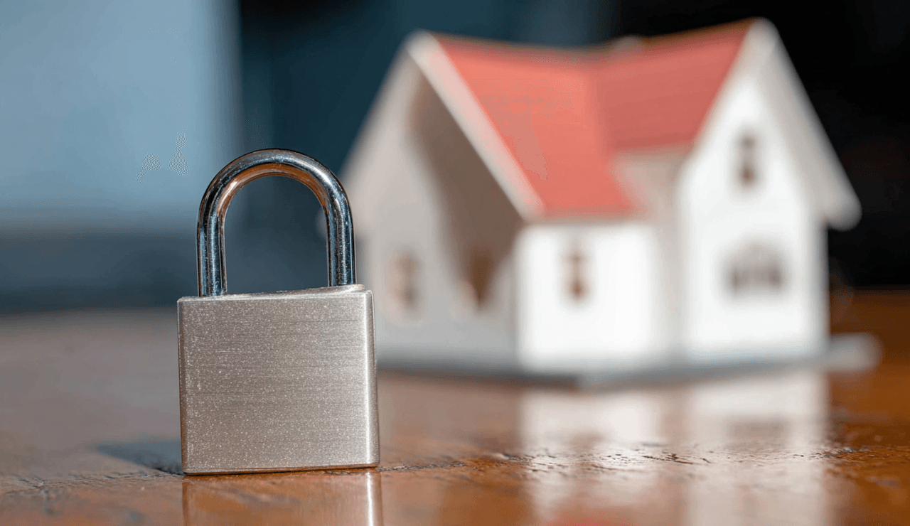 Close-up of a silver metallic padlock standing on a wooden table with a blurred miniature model house in the background
