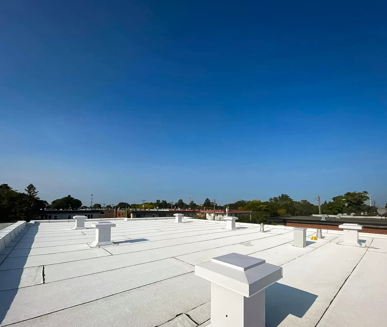 Flat roof covered with a white membrane featuring multiple ventilation vents under a clear sky.
