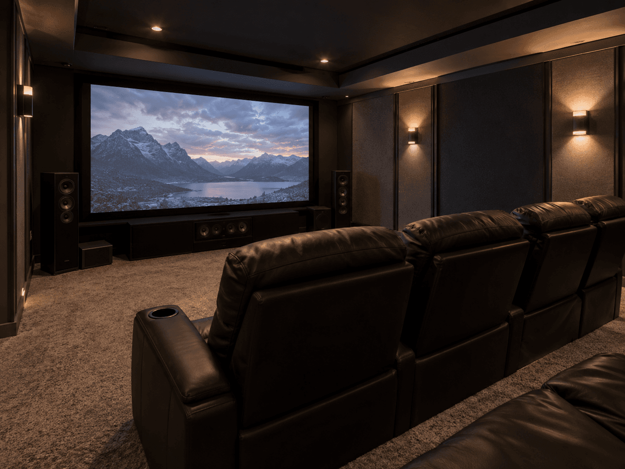 Modern home theatre with large projection screen, surround sound system, black leather reclining seats, acoustic wall panels and dimmed wall lighting