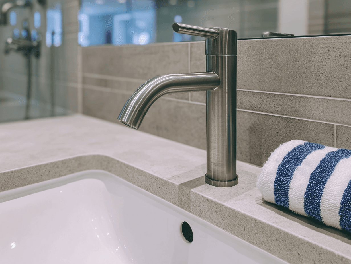 Close-up of a modern brushed stainless steel faucet installed on a gray stone countertop next to a blue and white striped towel