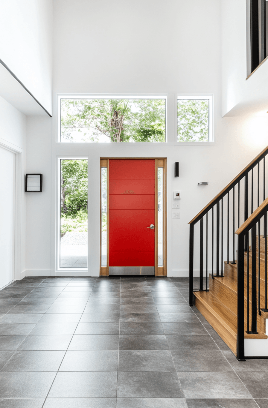 Modern entryway with red front door, wood staircase, black railing and gray ceramic tile flooring