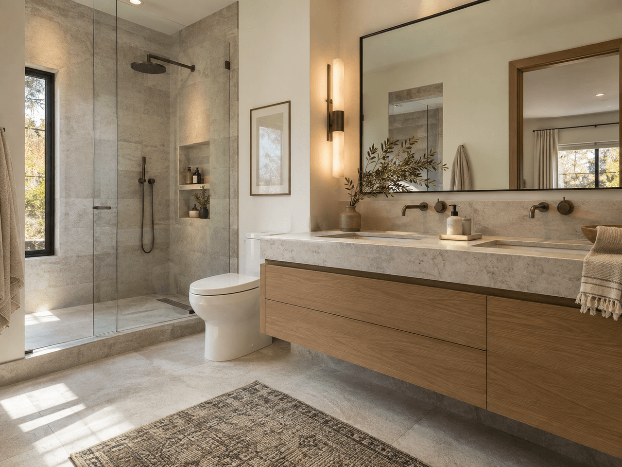 Warm modern bathroom with stone walk-in glass shower, double wood vanity, large mirror and wall-mounted faucets