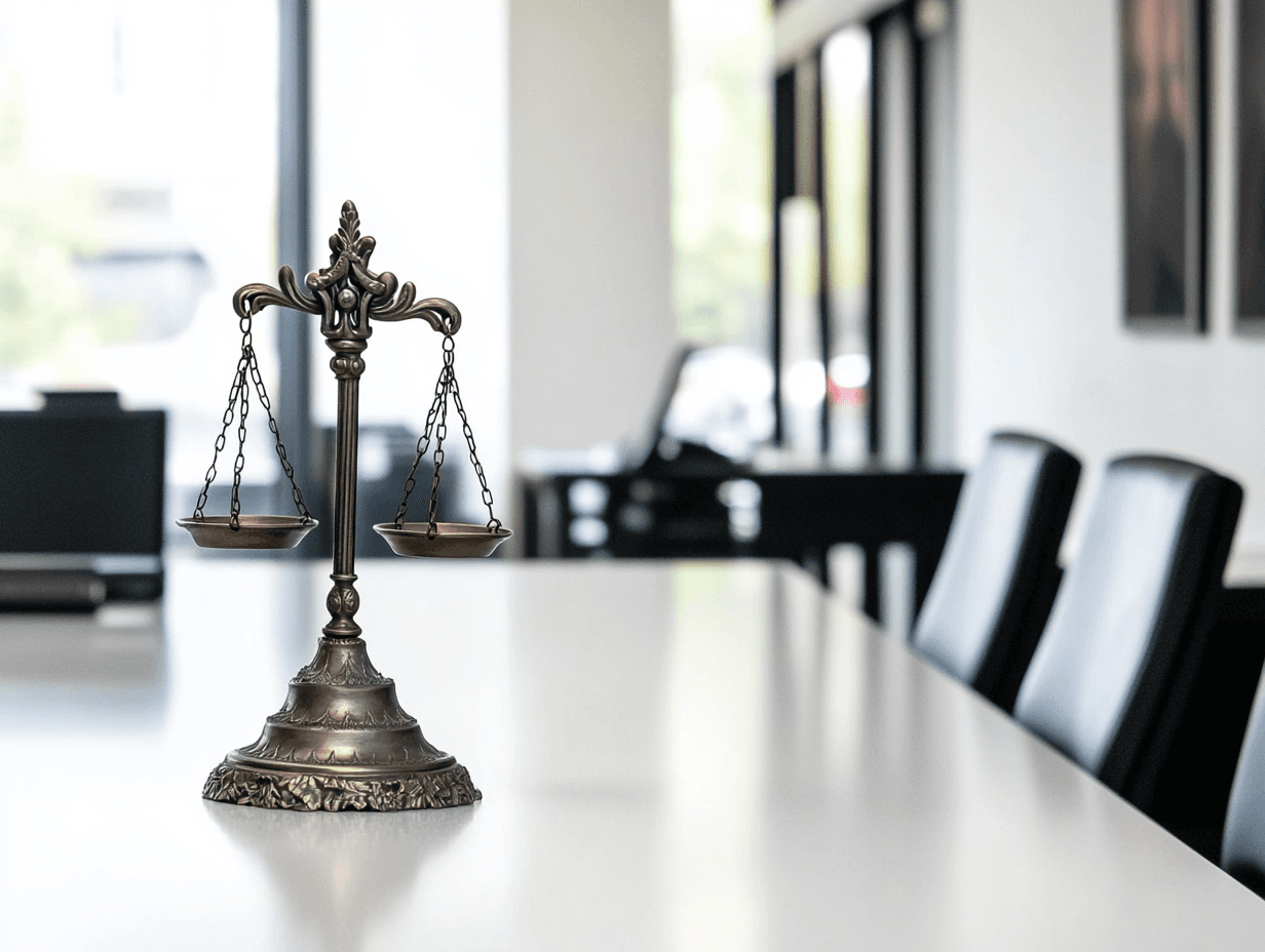 Metal justice scale on a table in a modern conference room.