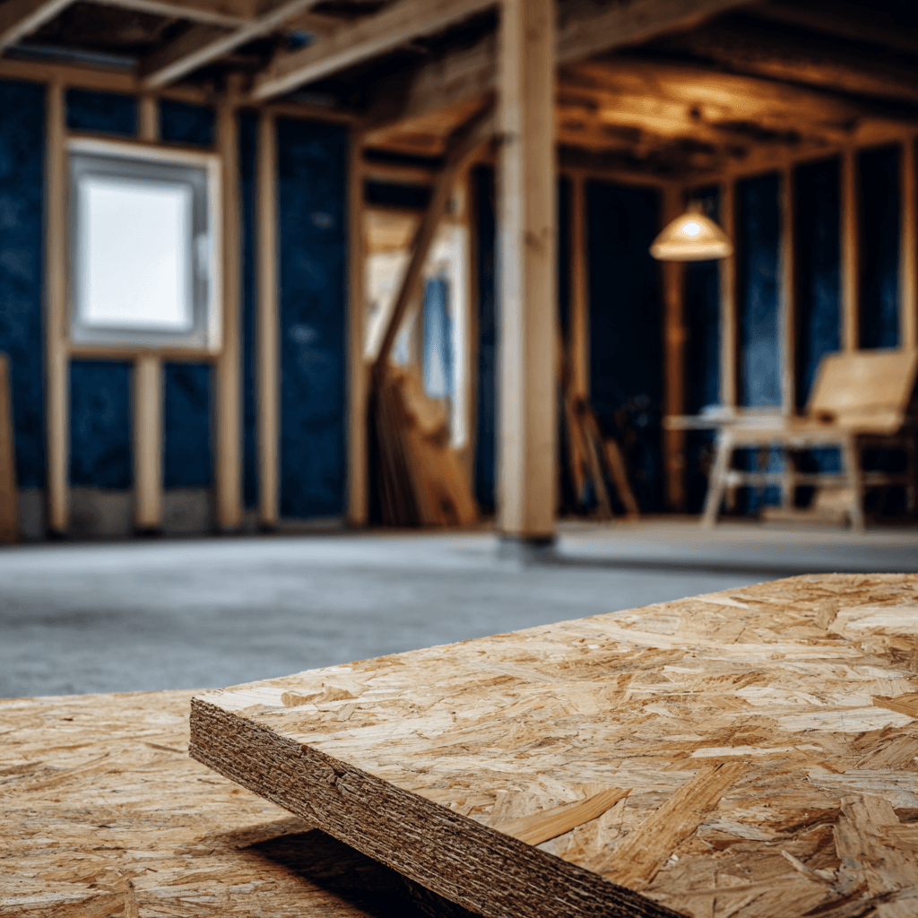 Close-up of OSB board inside an unfinished construction interior with wood framing, wall insulation, and renovation workspace