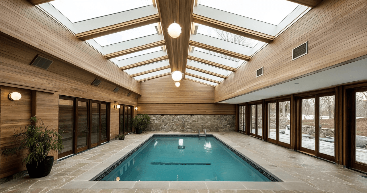 Modern indoor pool with glass ceiling, wooden walls and natural stone, surrounded by large glass windows