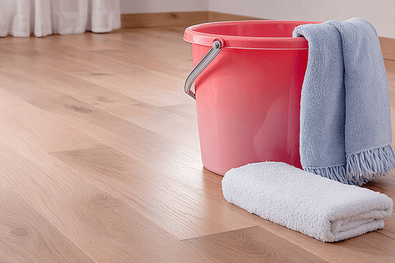 Pink bucket with microfiber cloths placed on a clean and bright wooden floor