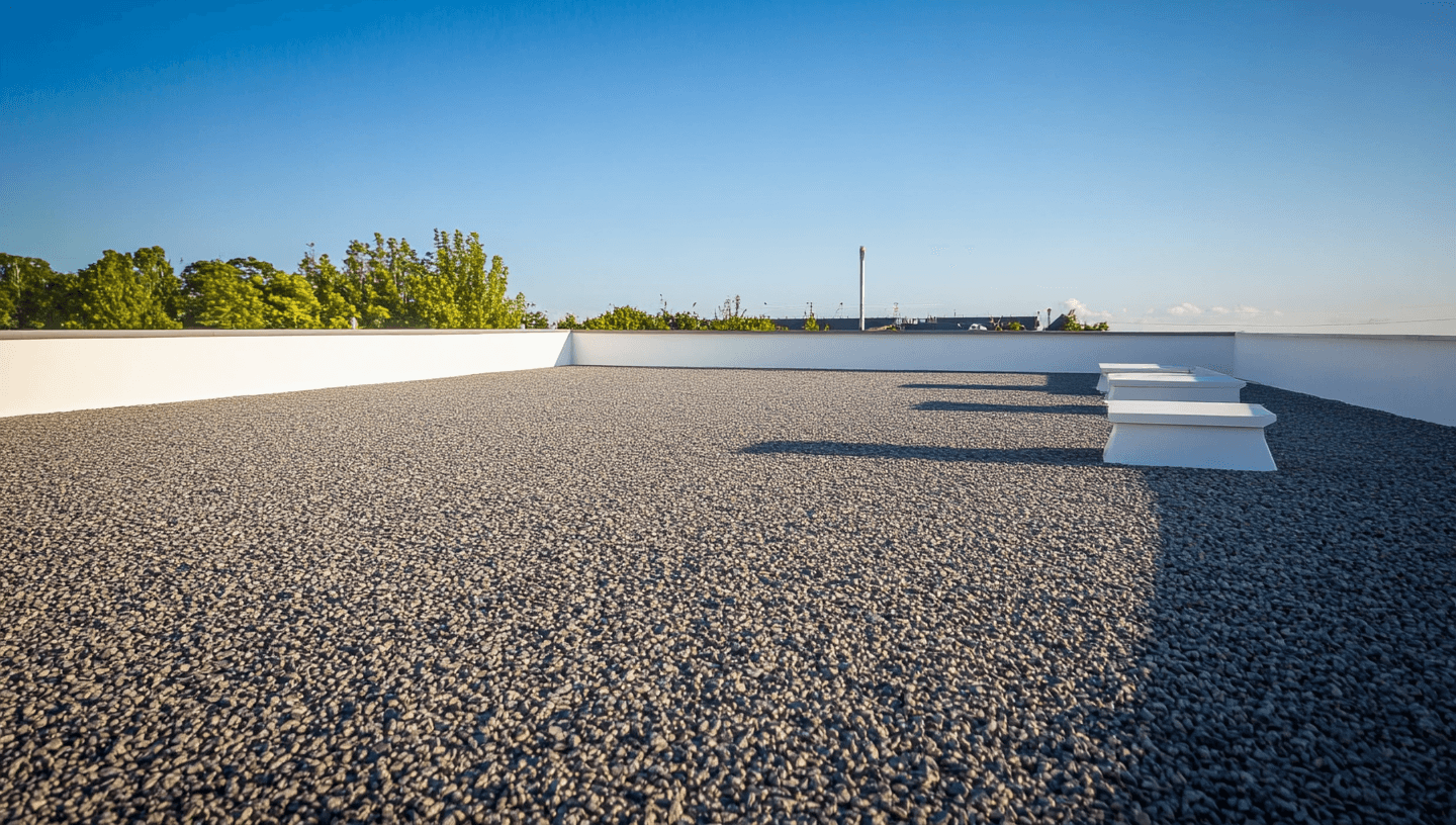 Flat roof covered with gravel featuring white skylights and surrounding parapet walls, under a clear blue sky in an urban setting.