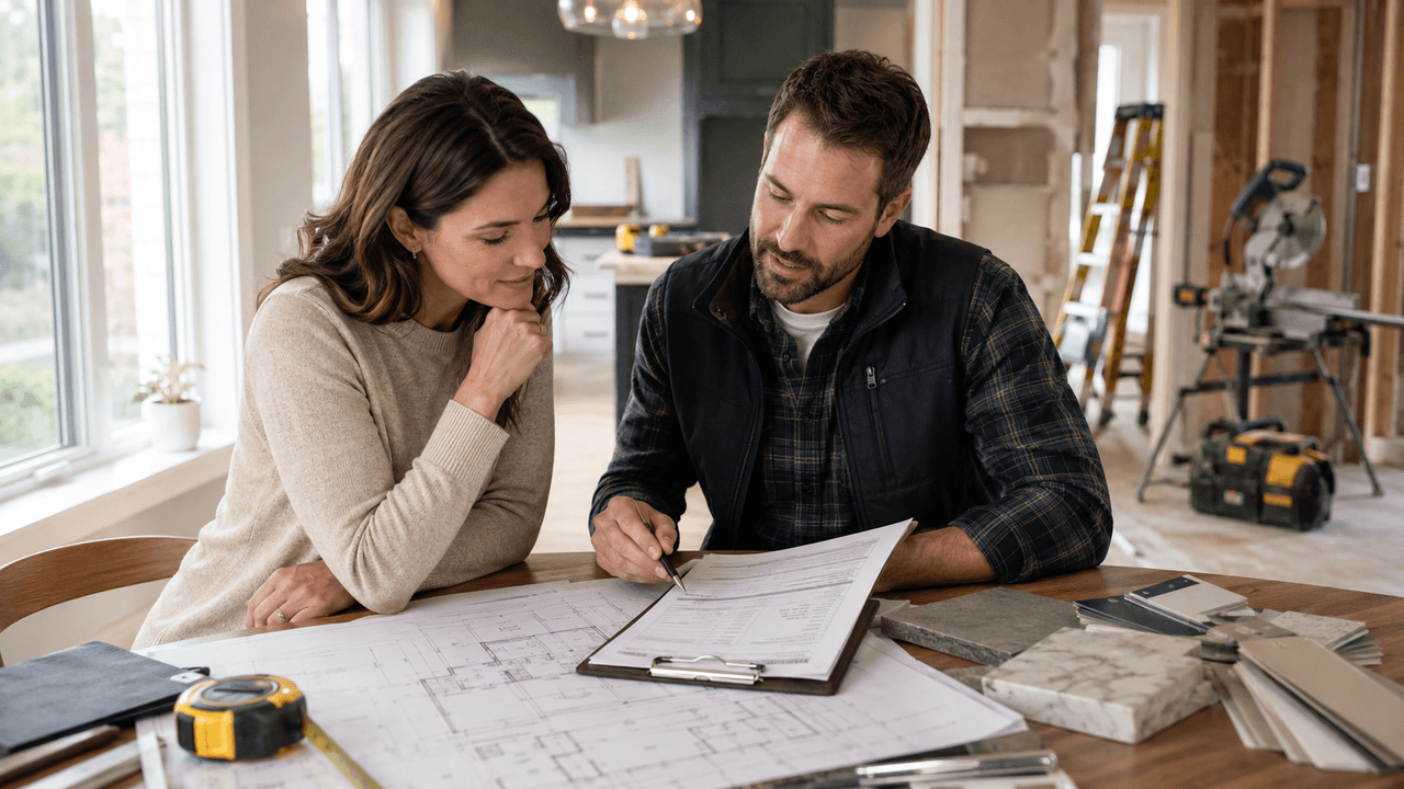 Homeowner discussing a renovation project with a contractor using building plans, documents and material samples inside a house under renovation