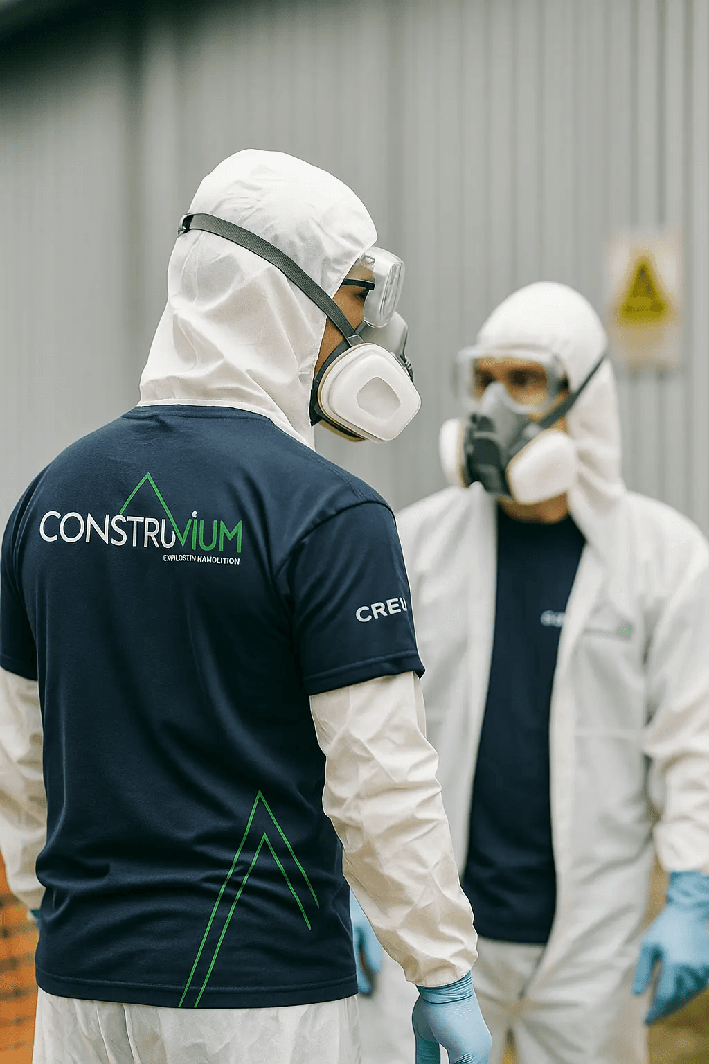 Technicians in protective suits with respirator masks during decontamination work on an industrial site
