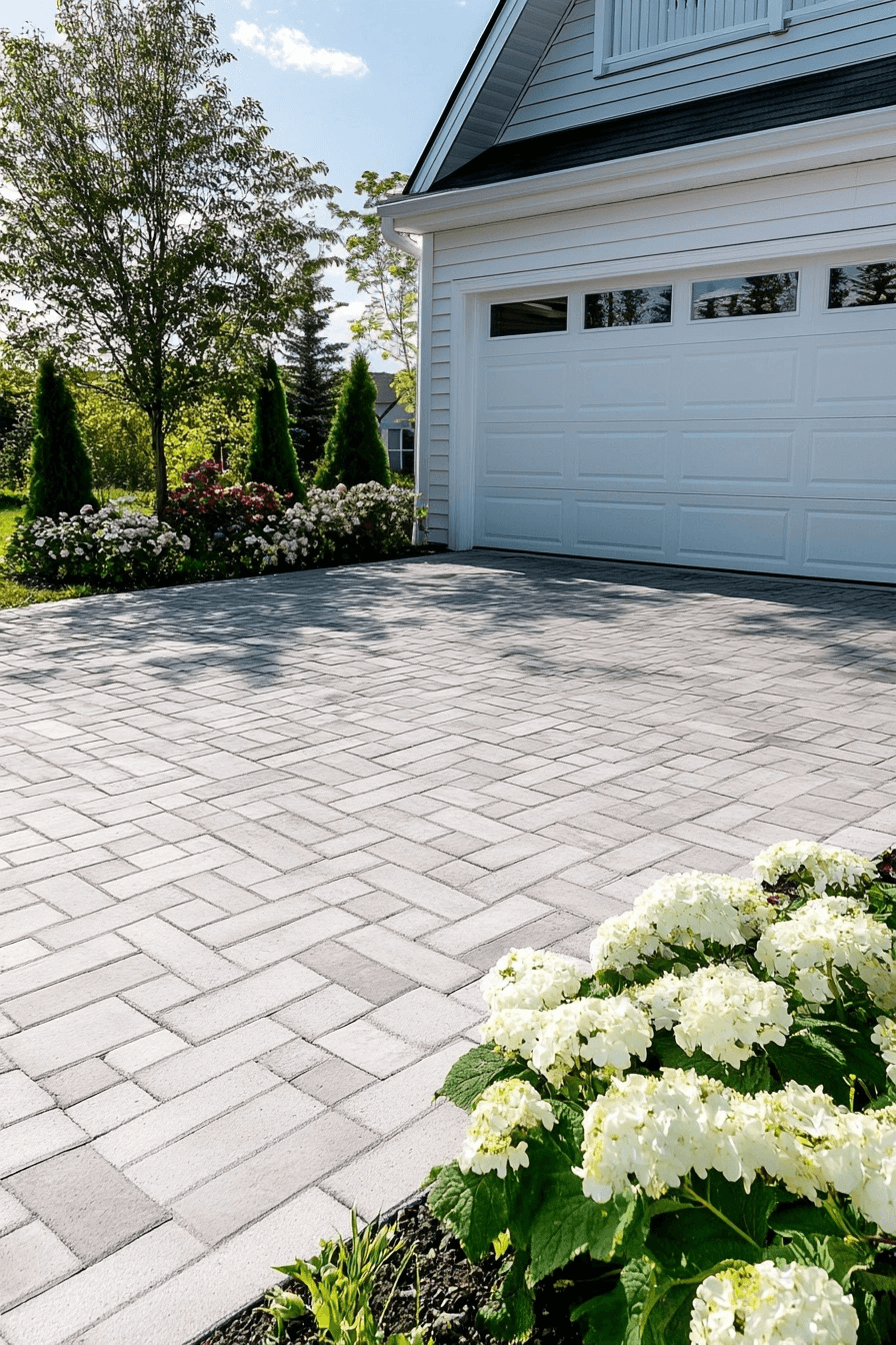 Gray interlocking paver driveway in front of a residential garage with flowering landscaping and mature trees