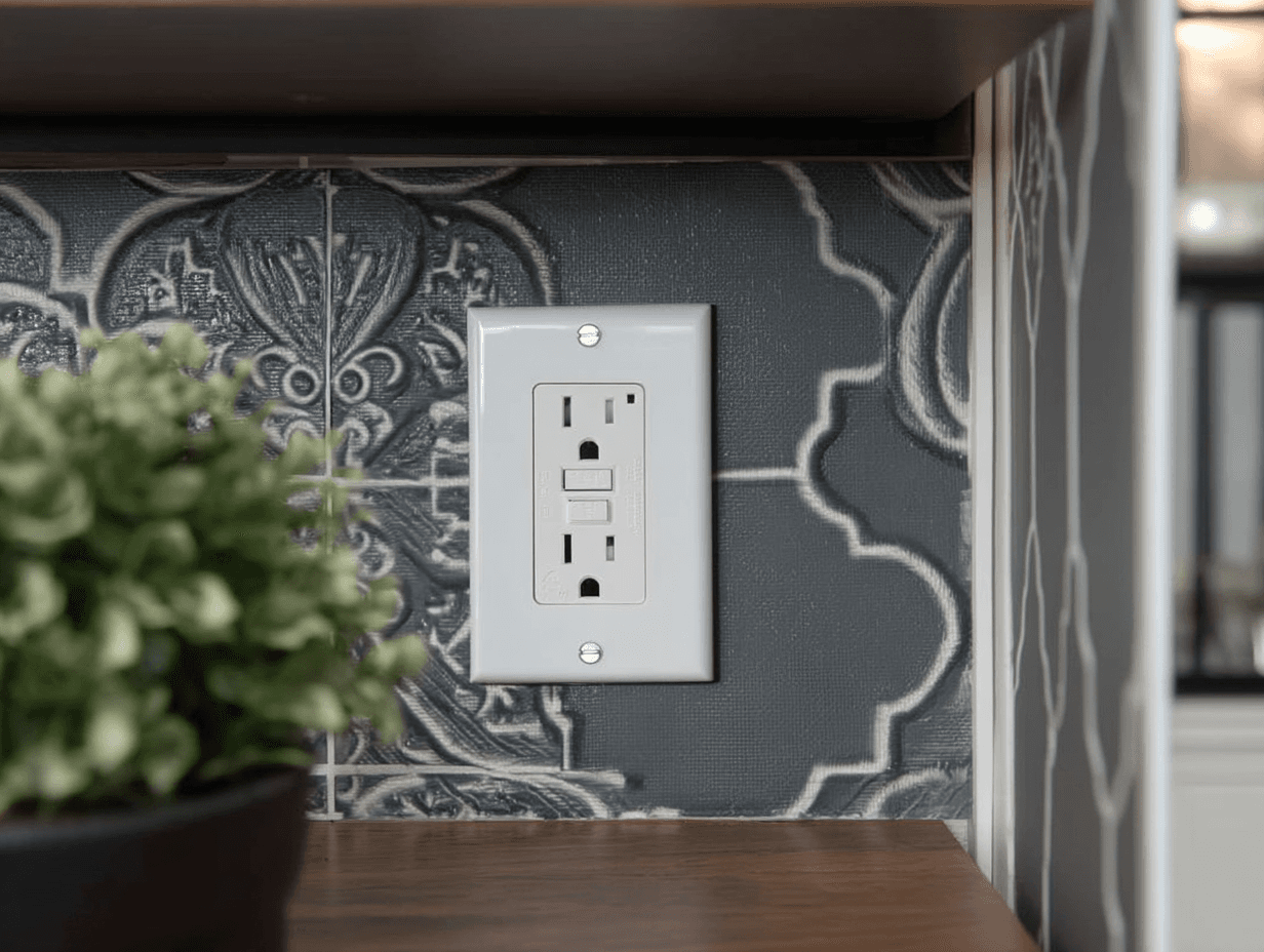 White GFCI wall outlet installed on a black and white decorative tiled backsplash in a kitchen.