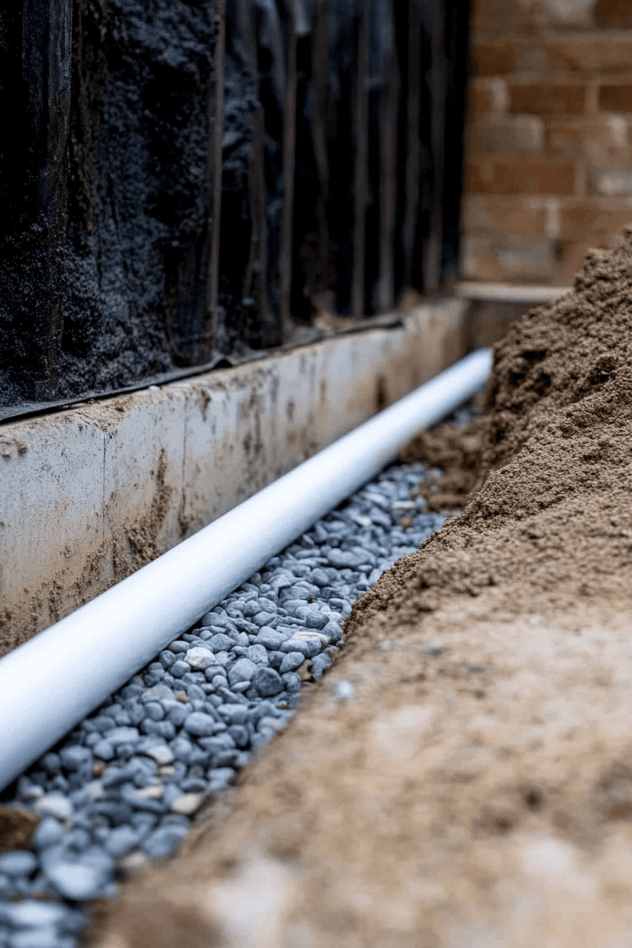 French drain installation along foundation with white drainage pipe, gravel bed, black waterproofing membrane and excavation beside a house