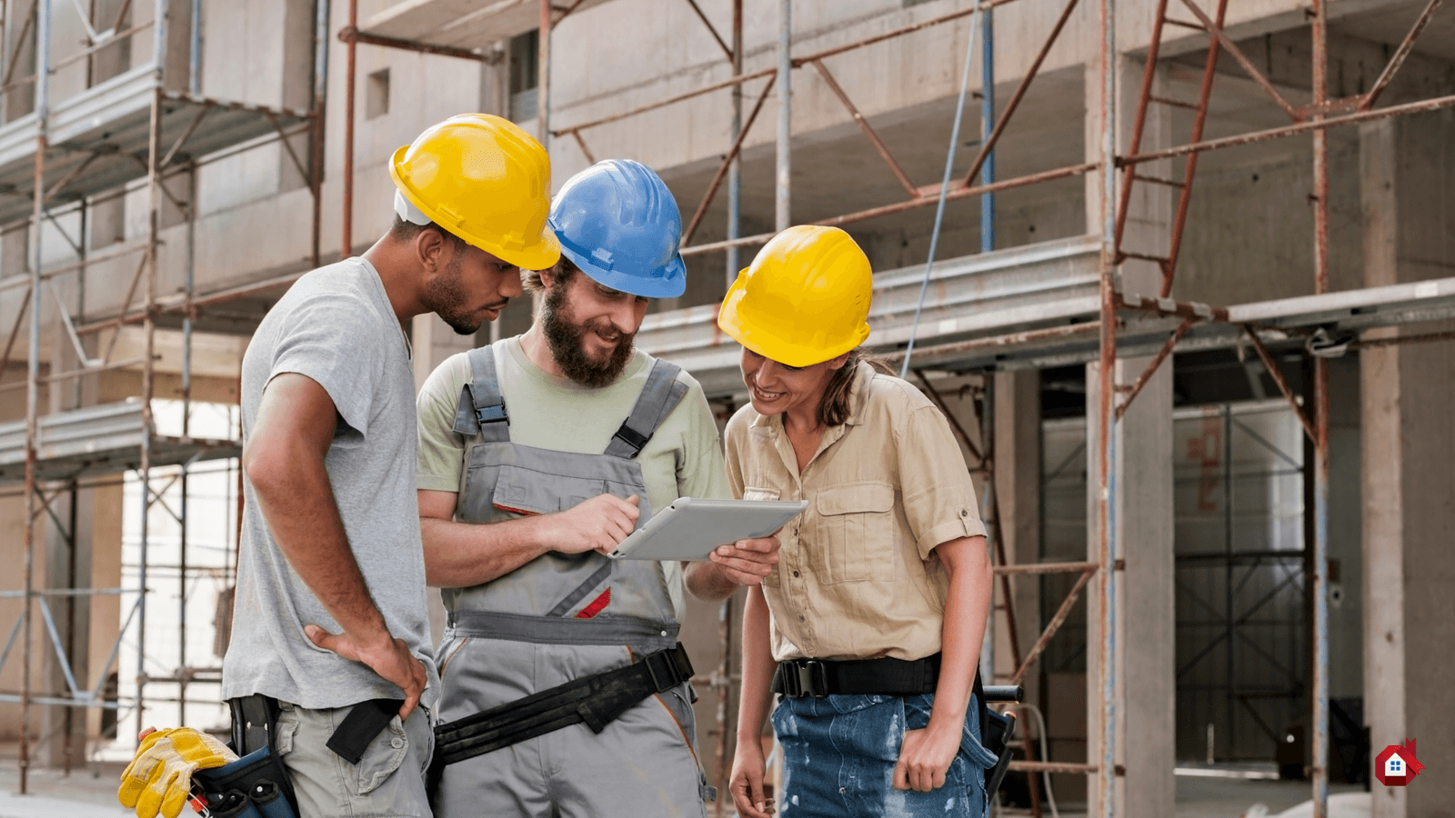 contruction worker on site with a laptop 