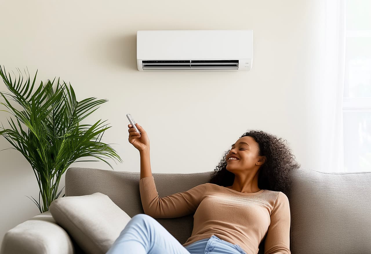 Smiling woman using a remote control for a wall-mounted air conditioner in a bright living room with sofa, green plant and white curtains.