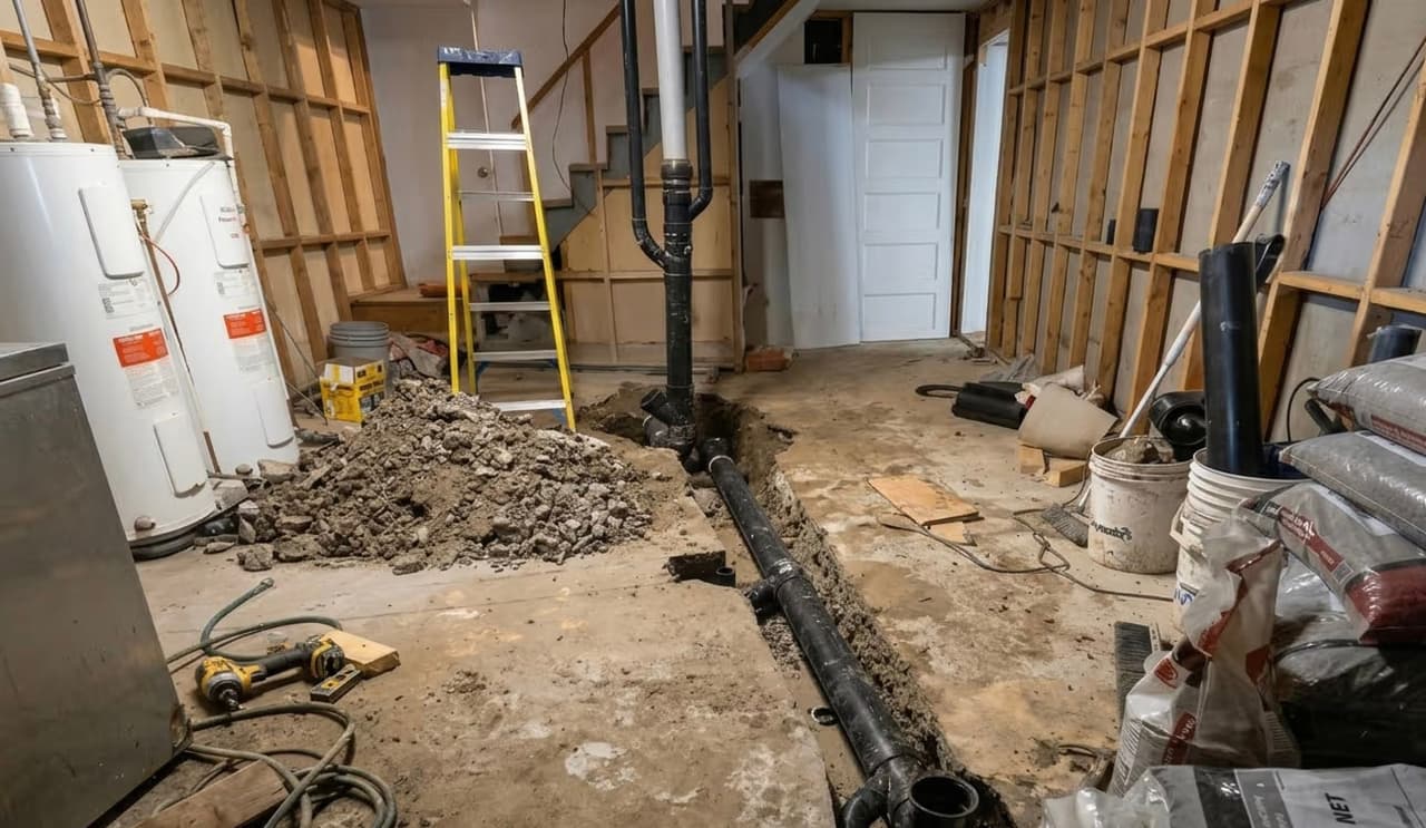 Unfinished basement under renovation with exposed wood framing, water heaters, and a deep trench dug into the concrete floor revealing a long black drainage pipe