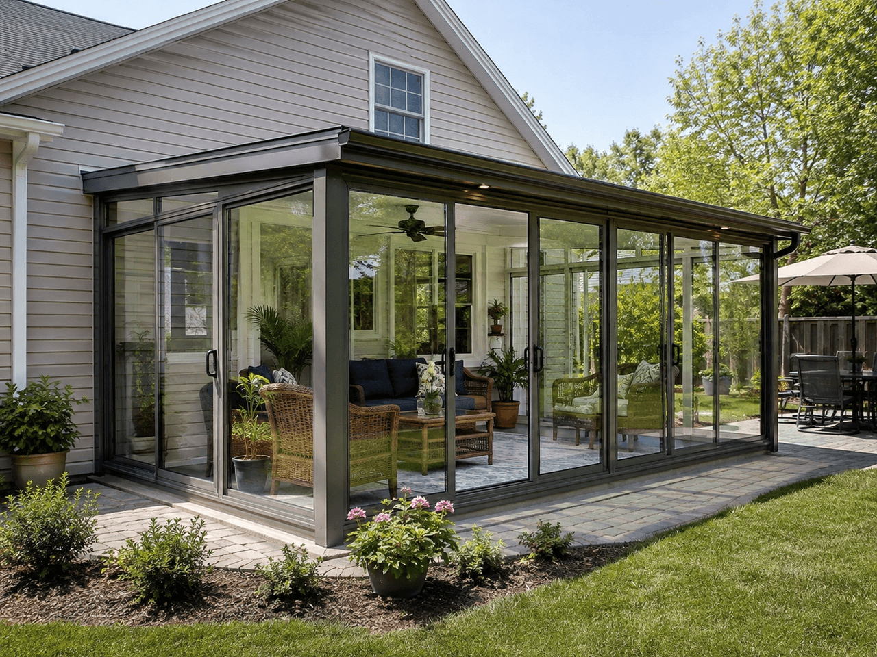 Modern glass sunroom attached to a house with a black frame, sliding doors, lounge furniture, and landscaped outdoor surroundings