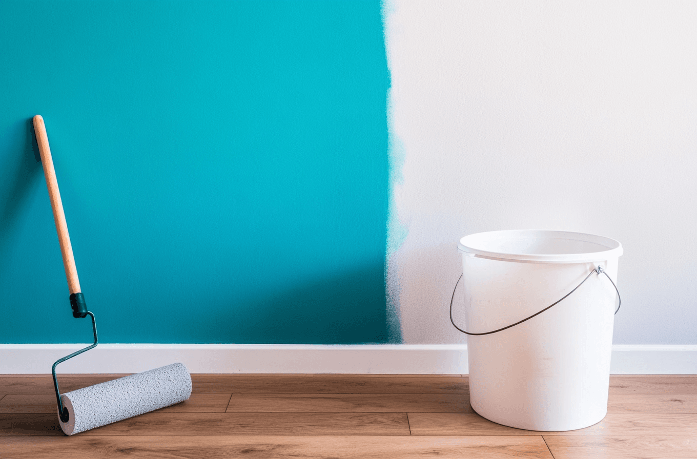 Wall being painted, partially covered in turquoise blue, with a roller and a white bucket on a wooden floor.