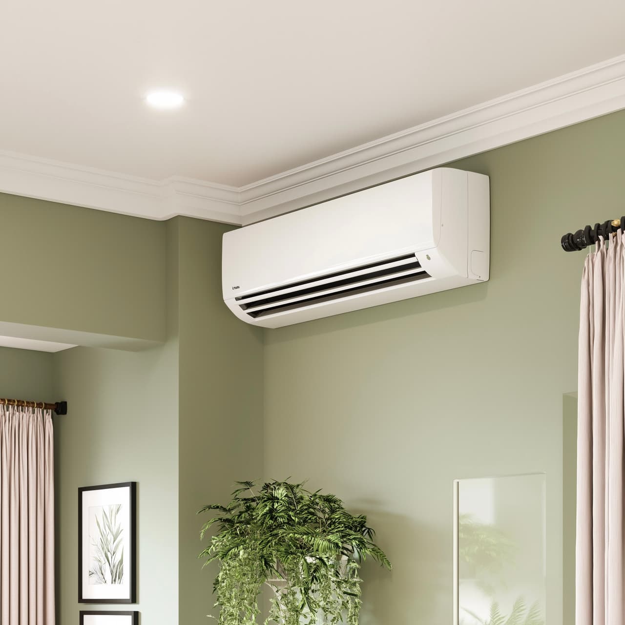 White wall-mounted air conditioner installed in an interior room with sage green walls, crown moulding, recessed lighting, curtains and decorative plants.