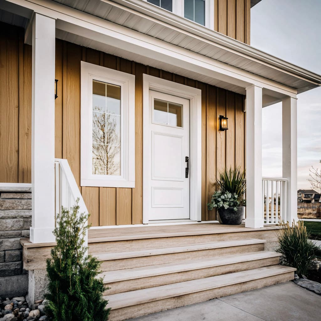 House entrance with wood-look exterior siding, a white front door, white columns, wooden steps, and modern landscaping.