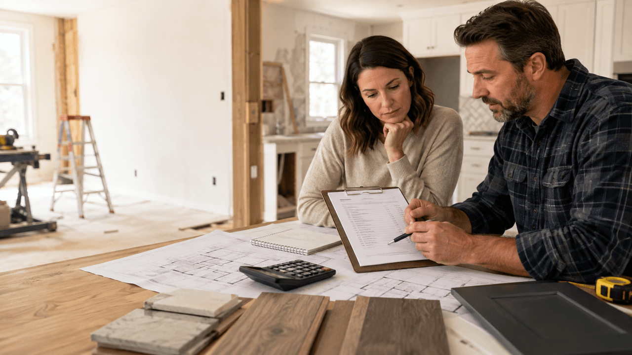 Couple reviewing a renovation estimate and construction plans inside a home under renovation, with material samples and a calculator on the table.