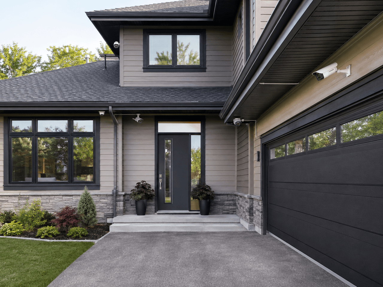 Modern home exterior with outdoor security camera system, black garage door, contemporary entrance, and residential surveillance