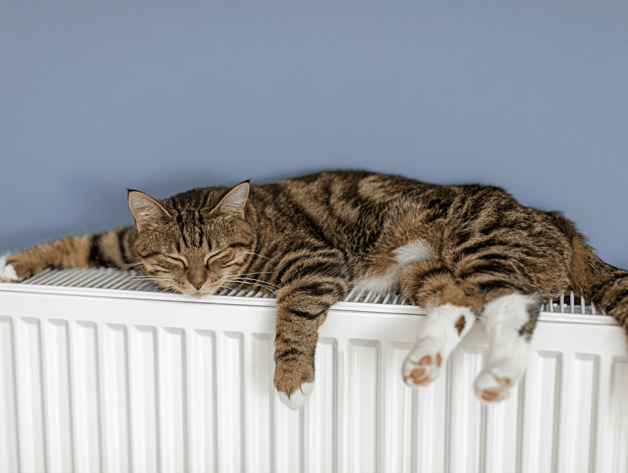 Tabby cat sleeping comfortably on a white radiator in a residential room with light blue walls