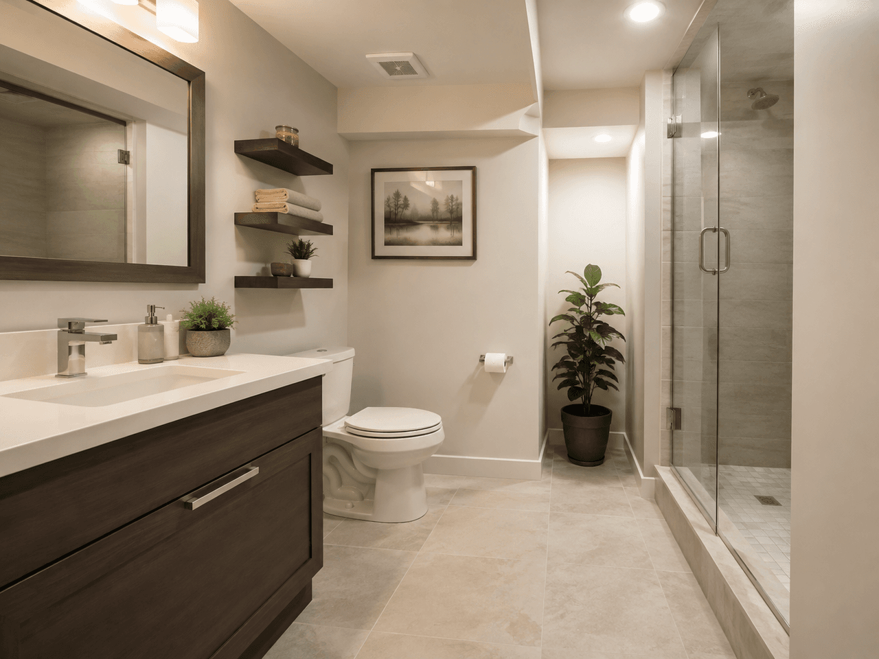 Modern renovated bathroom with a glass shower, wood vanity, large sink cabinet, floating shelves, recessed lighting, and contemporary finishes